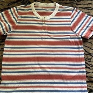 L L Bean Shirt Men's Short Sleeve Size L Signature Striped Cotton Red White Blue